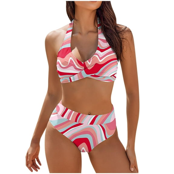 Dezsed Women's High Waisted Bikini Sets Tummy Control Swimsuits 2025 Two Piece Bathing Suits Color Block Swim Suits Hot Pink L
