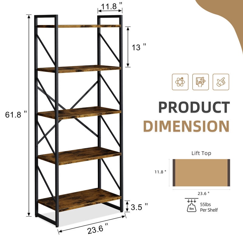 Walsunny Bookshelves Wooden Bookcases 5 Tiers H-Shaped Bookshelf with 5 Open Display Shelves Brown