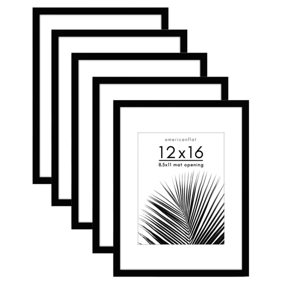 Americanflat 12x16 Picture Frame with Polished Plexiglass with 8.5x11 Mat 5 Pack Display Photo Frames - Black