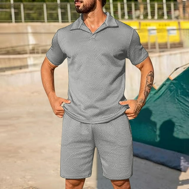 NTACZA Mens Shorts Set Short Sleeve Shirt Shorts Tracksuits Athletic Collared Big And Tall Sweatsuits M