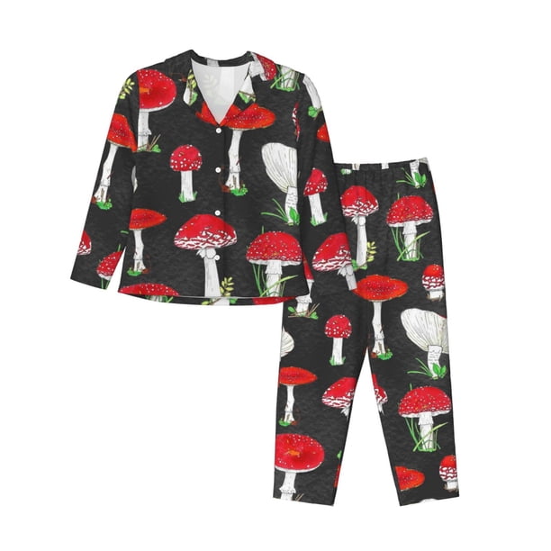 Balery Red Mushrooms Conjunto de Pijama con Estampado para Mujer, Conjunto de Dos Piezas con Manga Larga, Ropa de Dormir Suave con Bolsillos, Pijamas Cómodos-Large