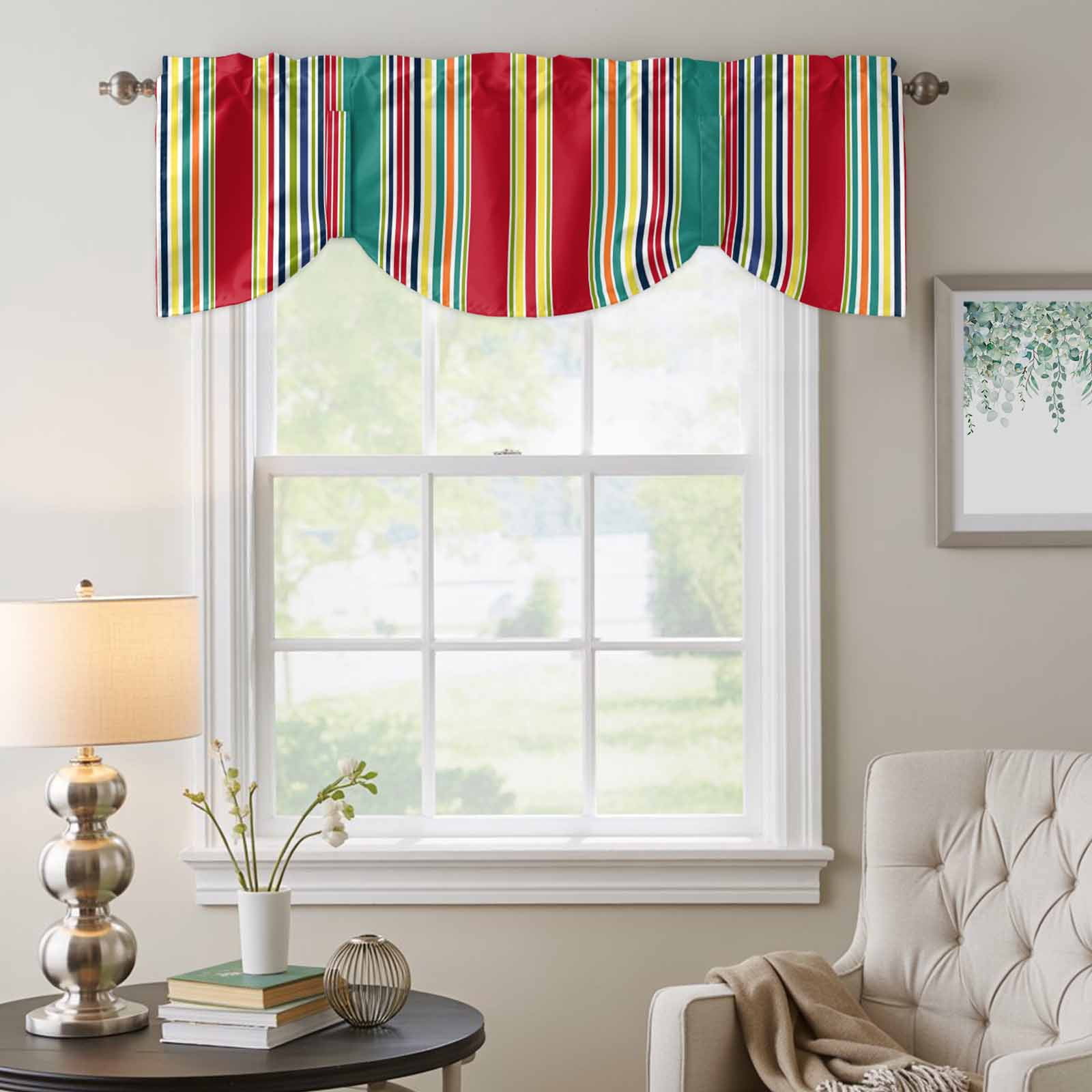 Colored Stripes Tie Up Valances Curtain, Adjustable Kitchen Abstract Red Teal Yellow Vertical Stripe Modern Valances for Windows Decor, Rod Pocket Short Curtains Set for Bedroom/Bathroom, 60"x18"