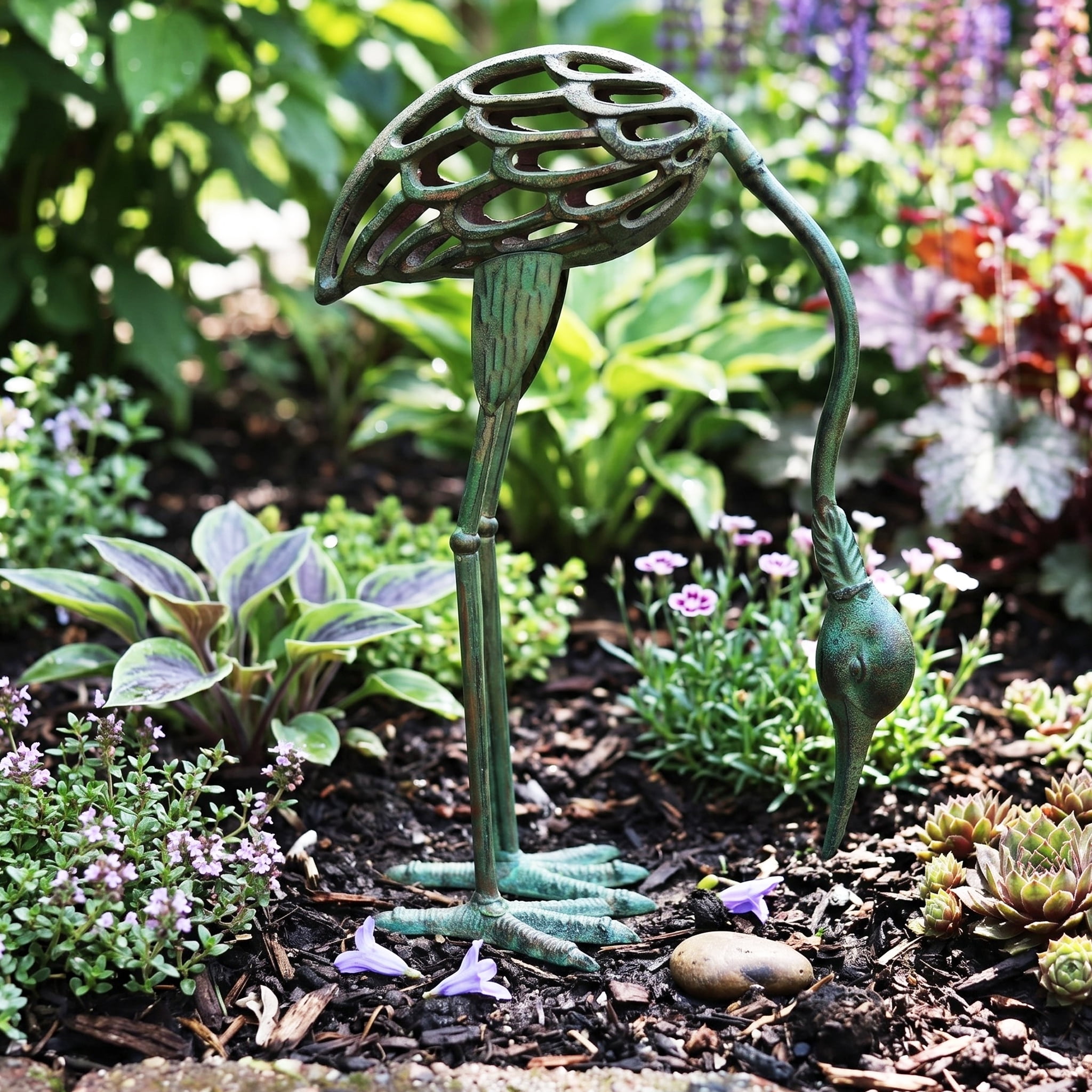 Seraphic Cast Iron Metal Crane/Heron Bird Garden Sculptures Statues for Indoor or Outdoor Lawn Decor, Antique Green, Set of 2