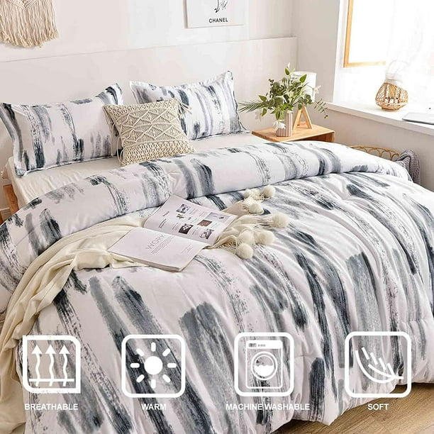 Queen Comforter Set 3pc Art Grey White Printed Pattern Reversible
