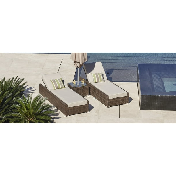 Vida Lounger Brown 3 Piece Outdoor Patio Furniture Adjustable Chaise Lounge Set 2 Sunbeds And Glass