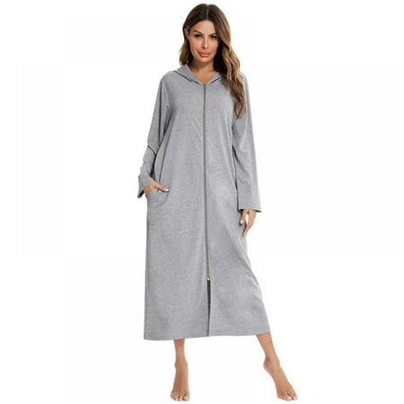 

Women Long House Coat Zipper Front Robes Full Length Nightgowns with Pockets Hooded Loungewear