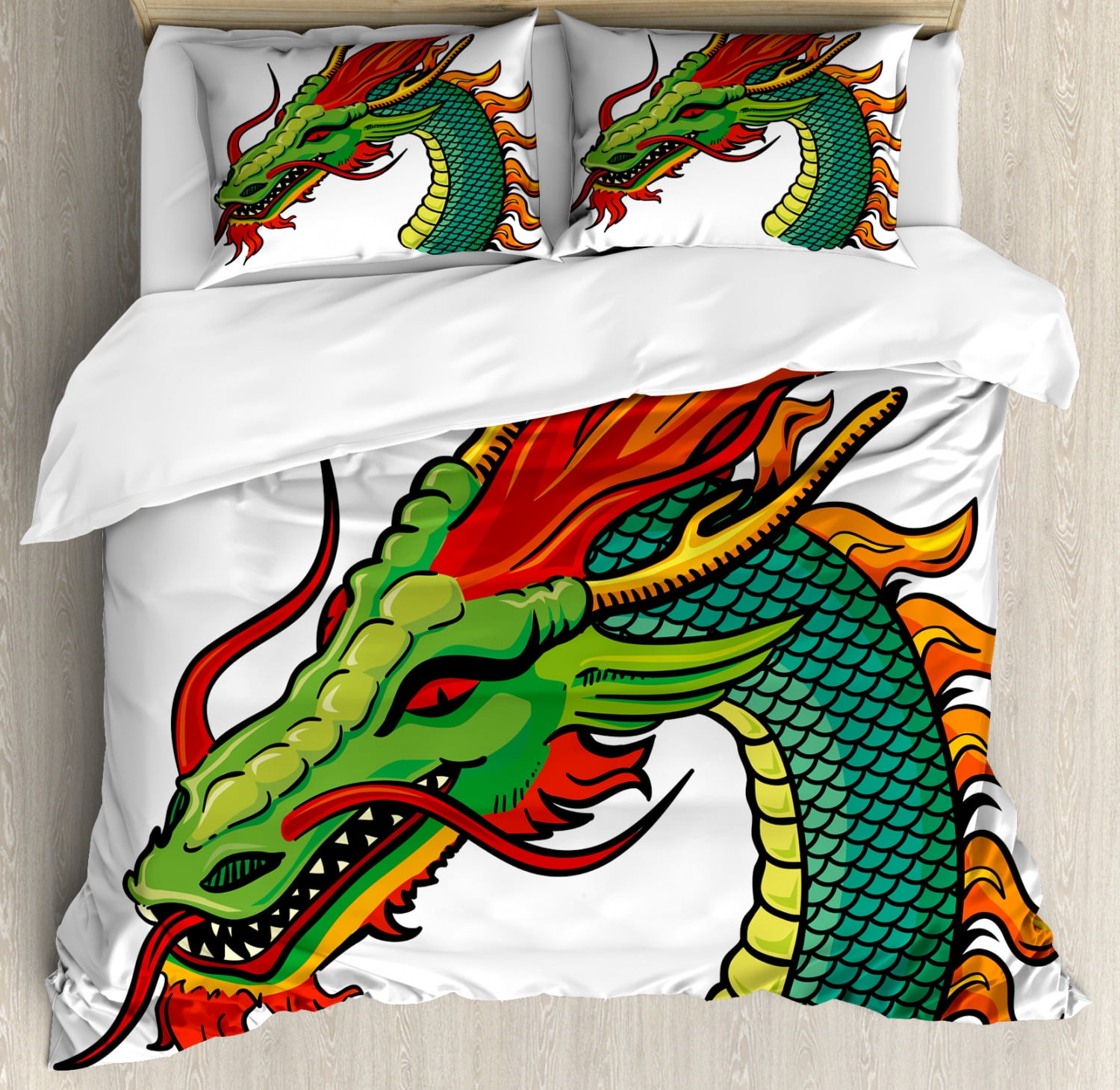 Dragon Duvet Cover Set Queen Size, Monster Head Portrait Traditional