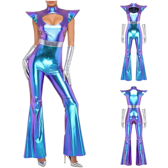 iiniim Womens Alien Cosplay Metallic Shiny Jumpsuit with Gloves Mock Neck Fly Sleeve Bodysuit for Halloween Space-themed Party Blue XXL