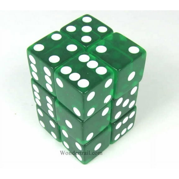 Green Transparent Dice with White Pips D6 16mm (5/8in) Pack of 12 Koplow Games