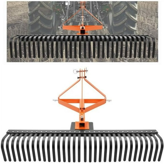 KOJEM 60 in Landscape Rake 3 Point Rake Fit for Category-1 Tractor 360 Degree Rotation Tow-Behind Garden Tool for Compact Tractors for Garden Farm Clearing Brush Raking Arenas 2 Package