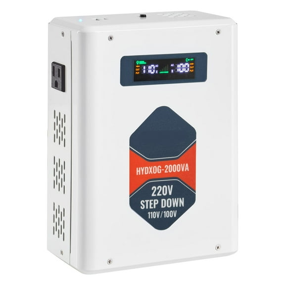 KFFKFF Step Down Voltage Converter, 2000VA, Durable Power Transformer for Voltage Conversion, 220V to 110V with Dual US Outlets, USB Port, LCD Screen, and Temperature Control for 110V Devices