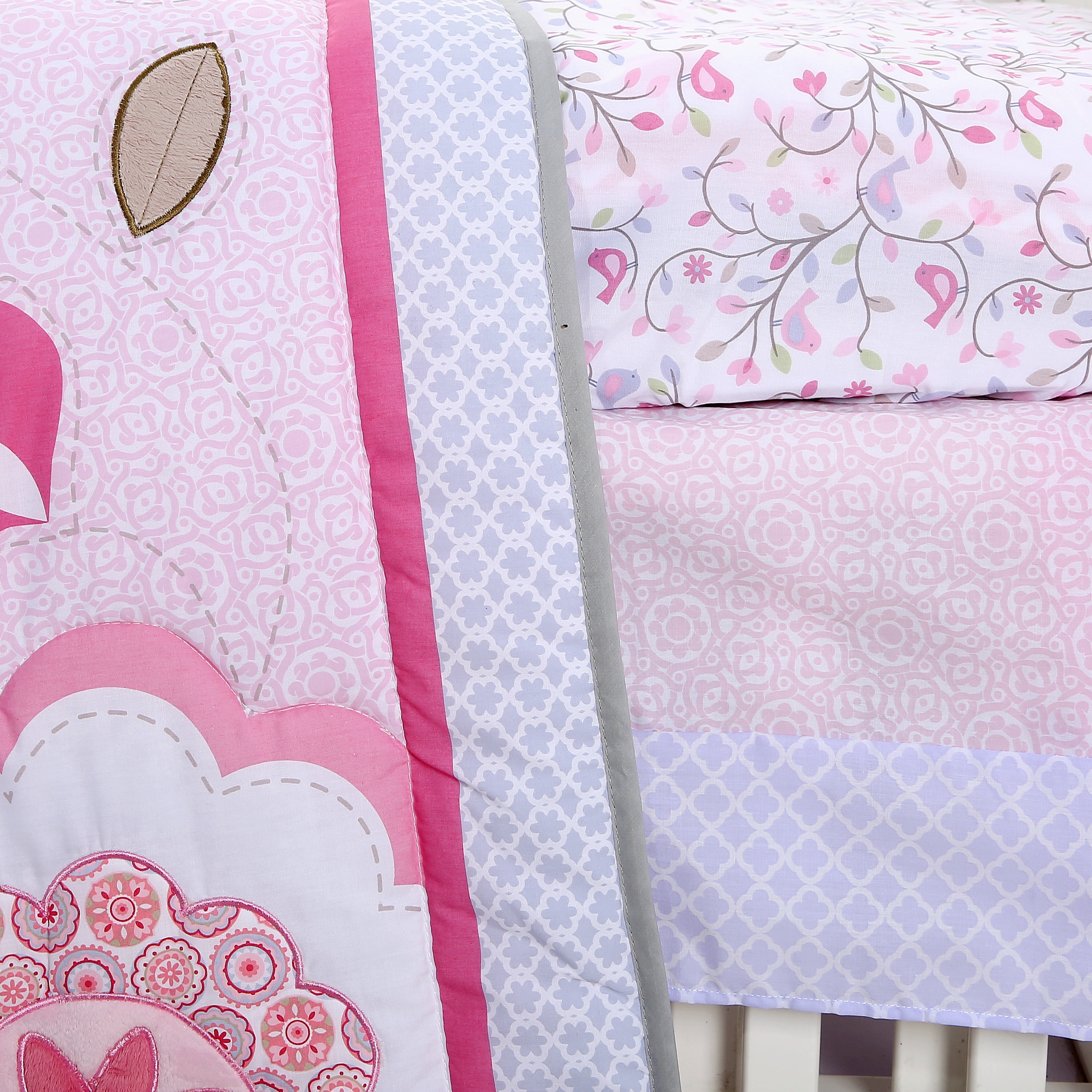 Sweet Baba Soft Cotton 3PC Crib Bedding Set, Pink Bird Crib Set for Baby Girls