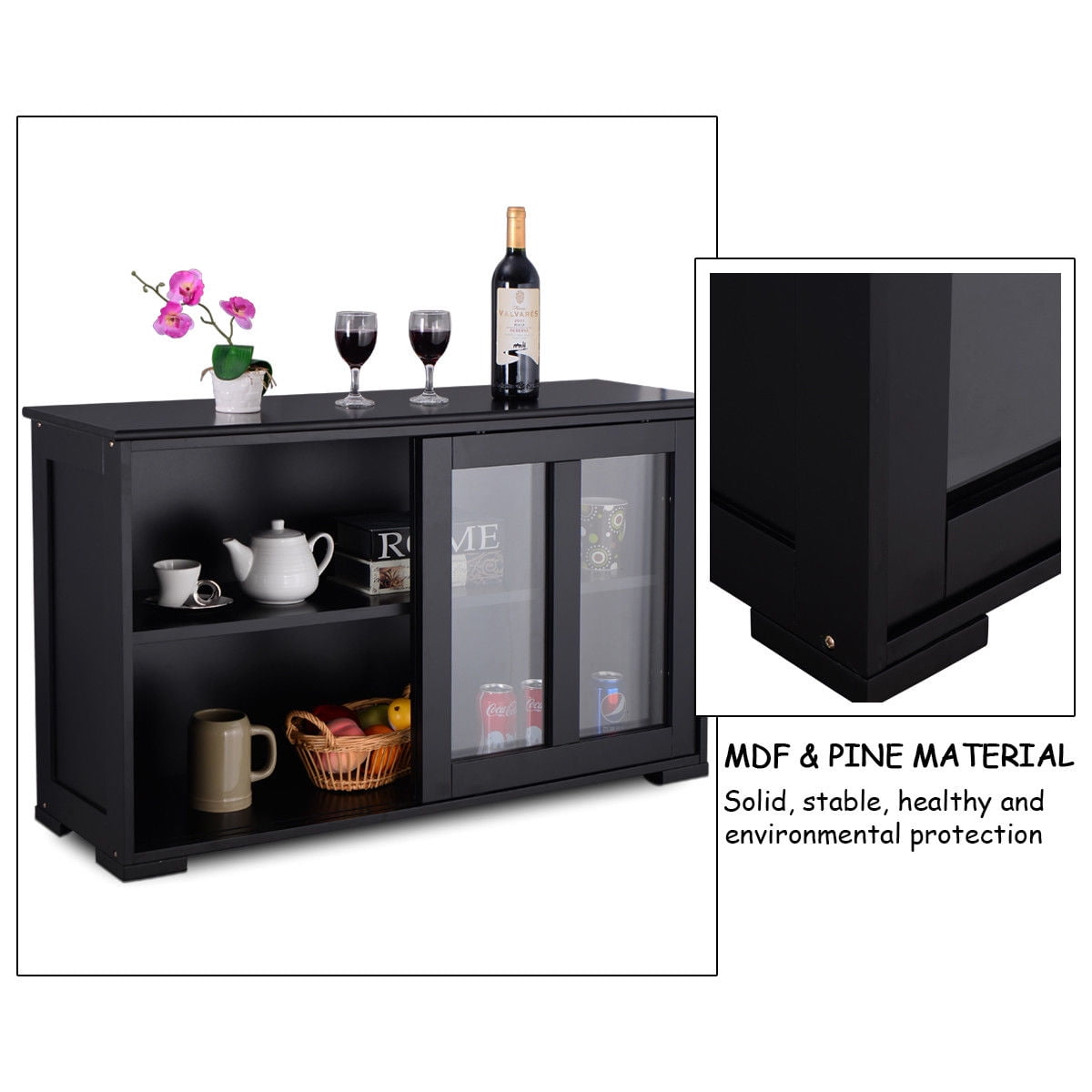 Costway Storage Cabinet Sideboard Buffet Cupboard Glass Sliding Door Pantry Kitchen Black