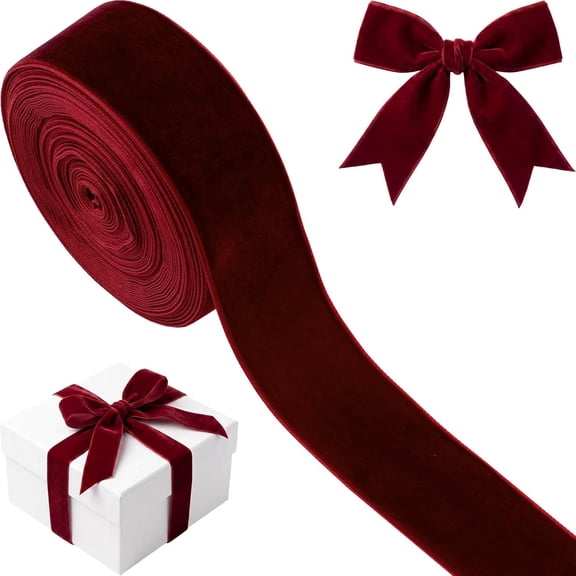 Burgundy Velvet Ribbon 1.5 Inch x 10 Yards, Soft Single-Faced Nylon Ribbon for Tree Bows Gift Wrapping Wreaths Garland Ornaments, Festive Holiday Craft Supply