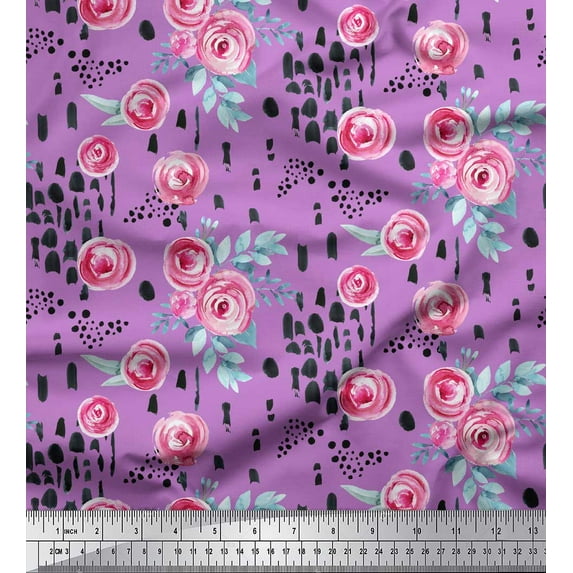 Soimoi Purple Rayon Fabric Brush Stroke & Ranunculus Floral Print Fabric by Yard 42 Inch Wide