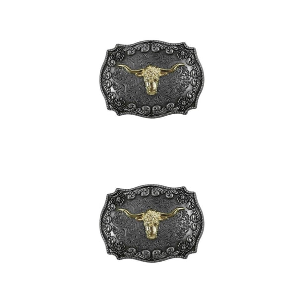 Hebillas de cinturón Jumpingount para hombre Western Cowboy Vintage Simple cuerno largo aleación resistente al desgaste Ochsenkopf 2Conjunto