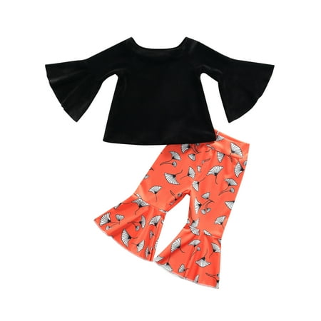 

Fiomva Girls Autumn Outfits Solid Color O-Neck Flared-Sleeves Tops with Printed Bell-Bottoms 6 Months to 5Years