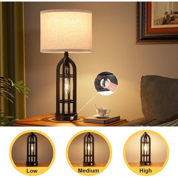 Seealle Table Lamps for Living Room Set of 2 - Black Bedside Lamp with USB C A & Outlet, Farmhouse Night Stand Touch Lamps
