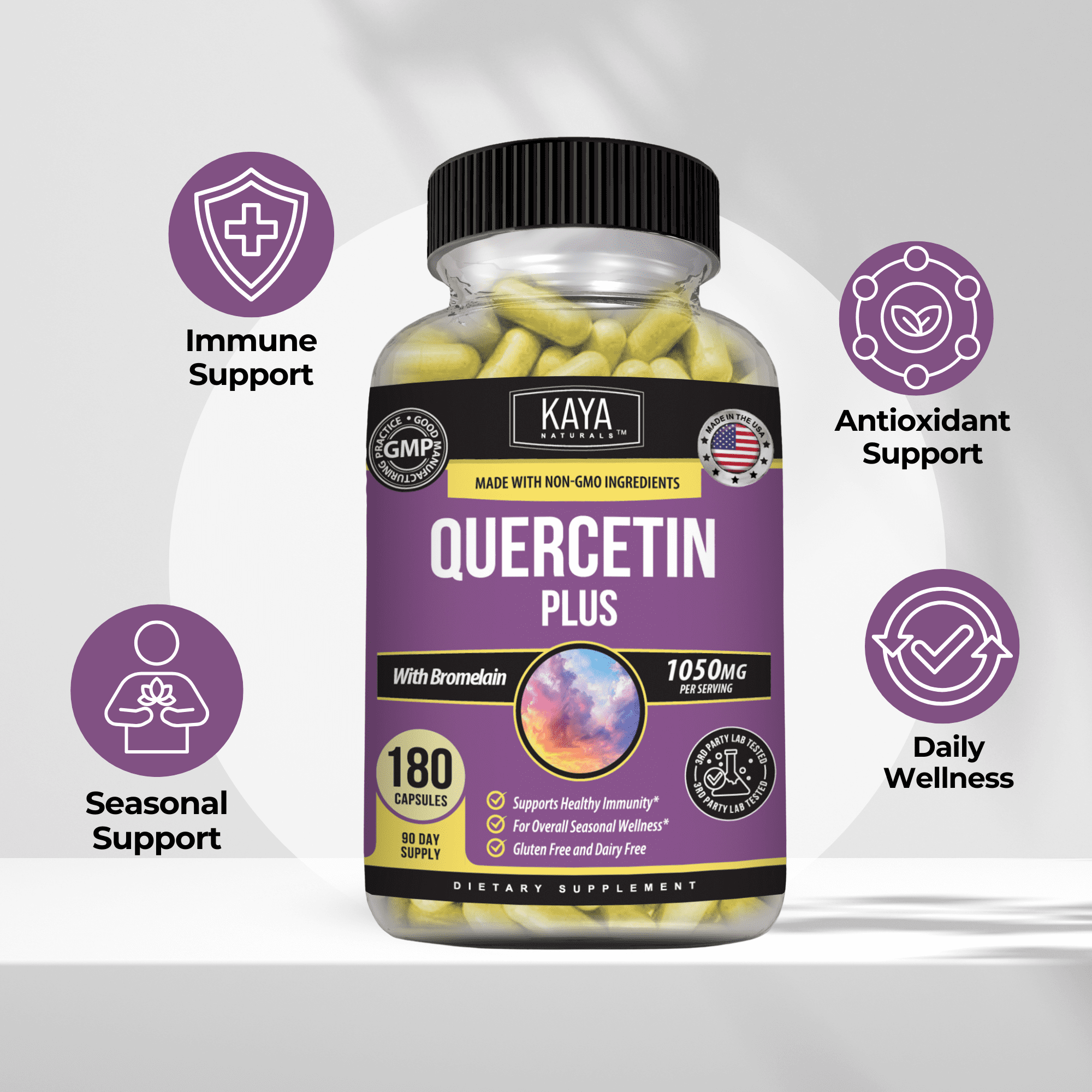 Kaya Naturals Quercetin with Zinc & Bromelain Capsules for Daily Wellness – 180 Count