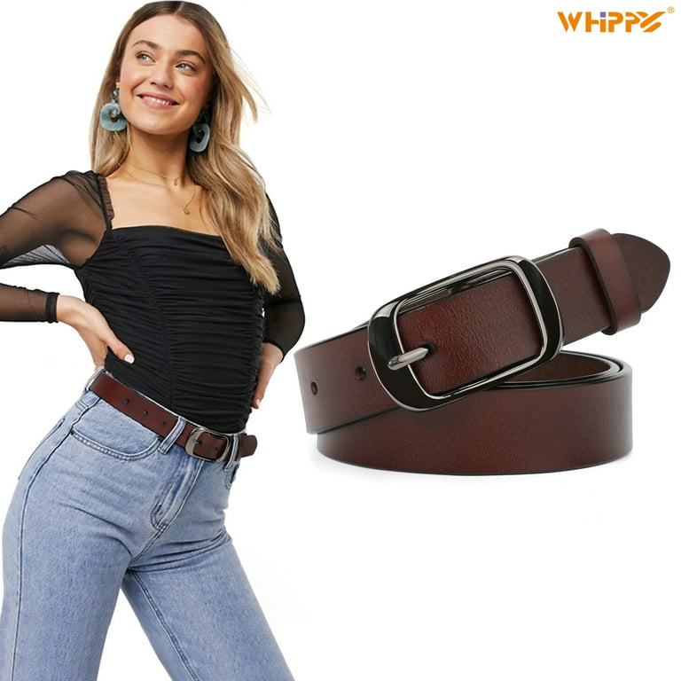 Whippy Women Leather Belt with Pin Buckle, Black Waist Belt for Jeans Pants  