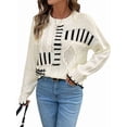 thumbnail image 2 of Women Striped Color Block Cable Knit Casual Loose Fit Crewneck Long Sleeve Drop Shoulder Fall Sweaters Cream White L, 2 of 9
