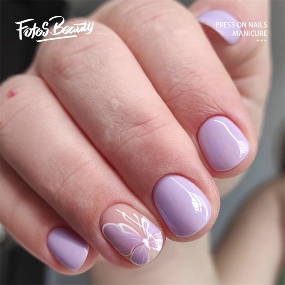 Fofosbeauty 24 Pcs Ongles Postiches Autocollants, Faux Ongles pour Cadeaux, Papillon Rond Doux en Floraison Violet