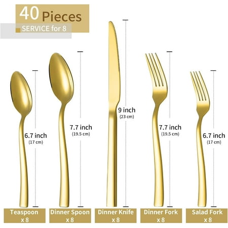 SLFR-Gold Silverware Set, Briout 40 Piece Stainless Steel Flatware Cutlery Set Service for 8 Luxury Square Tableware Thick Knife Fork Spoon for Home Kitchen Restaurant Wedding, Mirror Polished