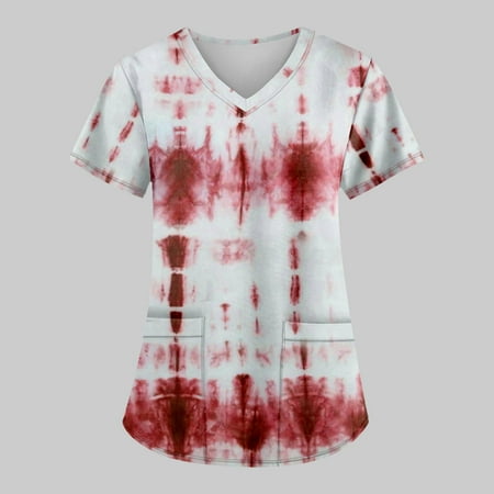 

TKing Fashion Women Plus Size Scrubs Top V-Neck Short Sleeve Printed Pockets Work Blouse for Women Red 5XL