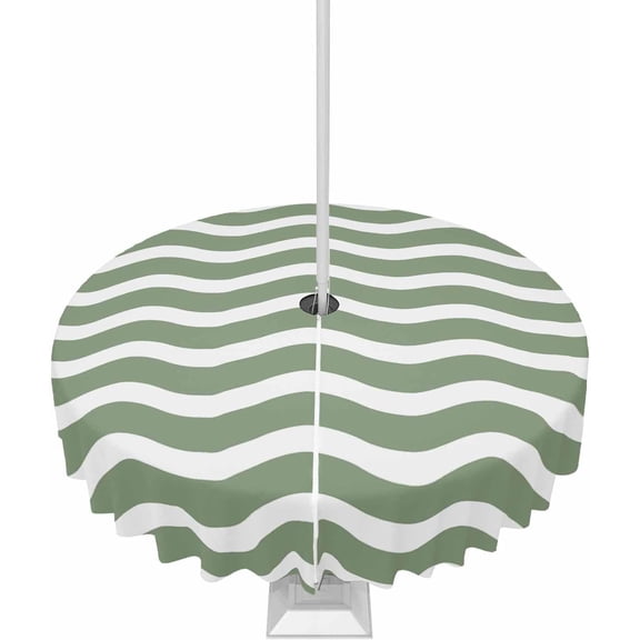 Outdoor Tablecloth with Umbrella Hole and Zipper 60R Sage Green Ripples Stripes Table Cover for Round Tables Waterproof Tabletop Collection for Patio Garden Picnic Camping