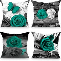 Flower Throw Pillow Covers Teal Gray Decorative Couch Pillow Covers Sofa Bed Square Floral Summer Outdoor Pillow Covers Turquoise Rose Linen Farmhouse Pillow Cases Set of 4 18x18 (Teal Gray)