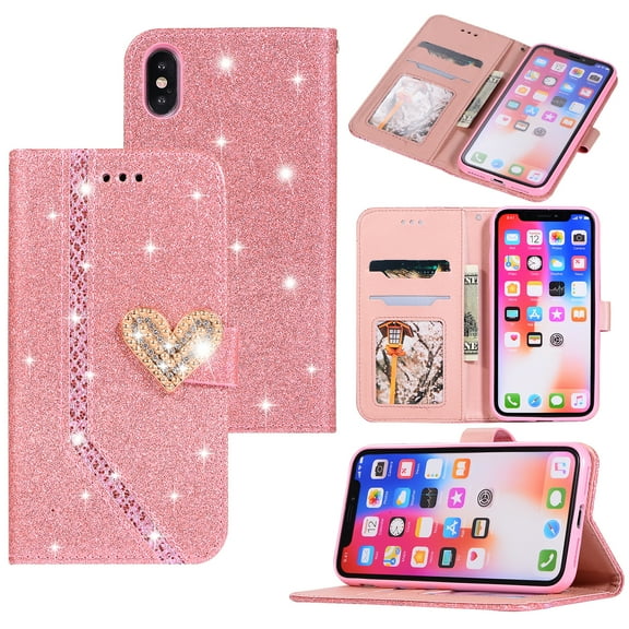 iPhone X Case, iPhone XS Case, Allytech PU Leather Glitter Diamond Embossed Shockproof Cards Pocket Folio Flip Protective Kickstand Lightweight Case Cover for Apple iPhone X, iPhone XS, Pink