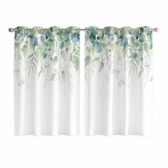 Weeping Teal Botanical Kitchen Curtains 72 Inch Length, Spring Eucalyptus Leaves Grommet Top Bedroom Living Room Curtains, Light Filtering Cafe Curtain Drapes 2 Panels Set 104''x72''