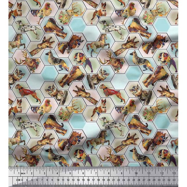 Soimoi Modal Satin Fabric Geometric,Bird & Animals Patchwork Print Fabric by The Yard 42 Inch Wide