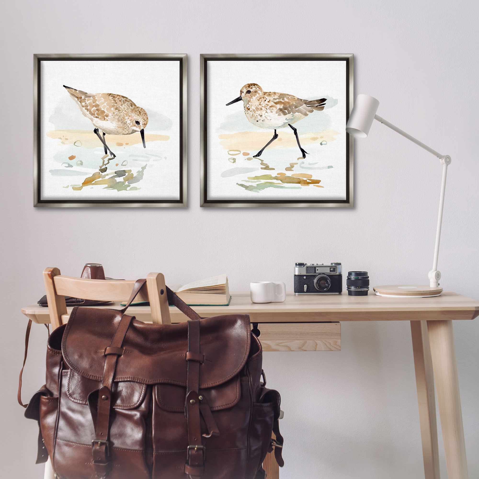 Stupell Industries Sea Birds on Shore Animals & Insects Painting Gray Floater Framed Canvas Art Print Wall Art, 25 x 25, Set of 2