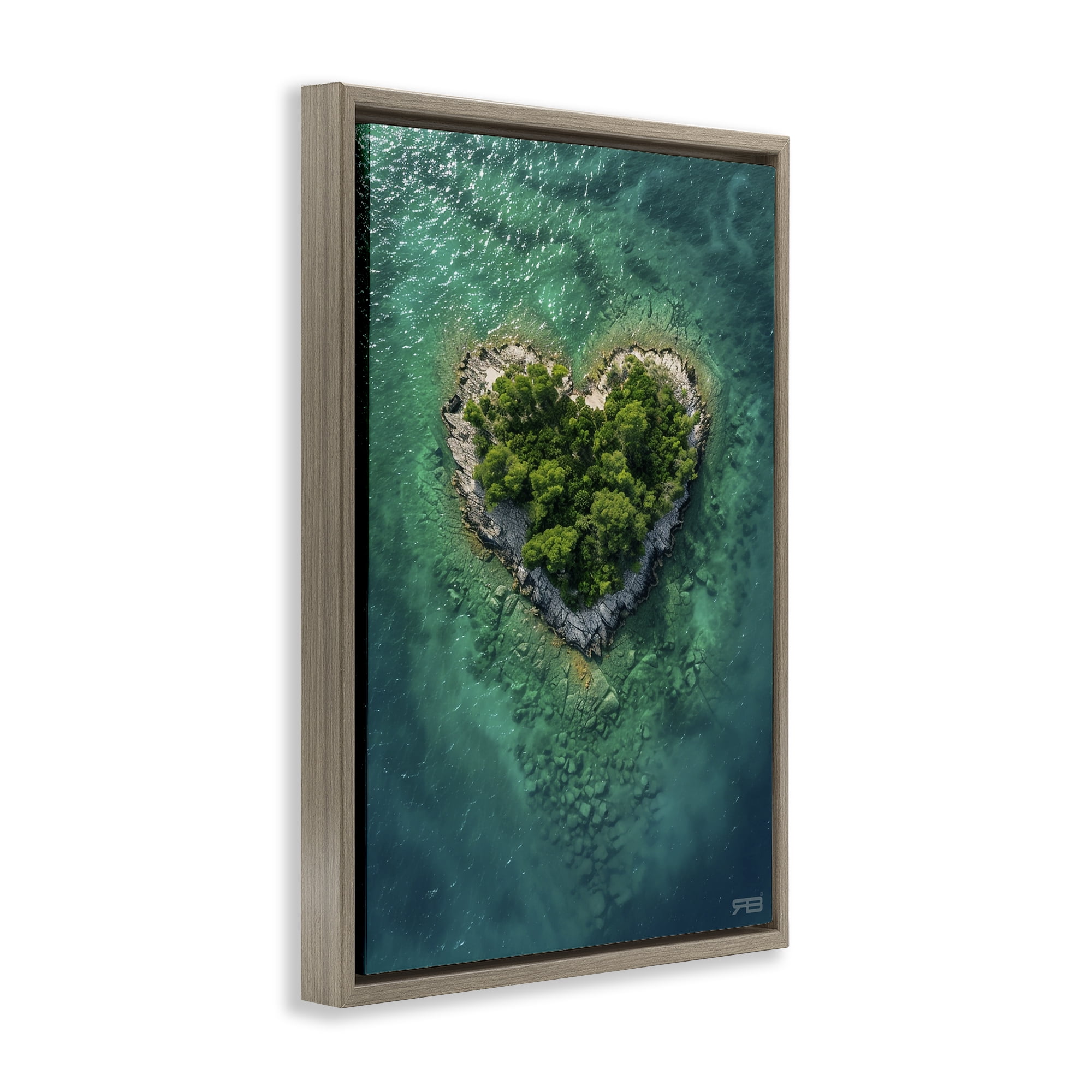 Stupell Industries Heart Shaped Island Landscape & Nature Painting Brown Floater Framed Canvas Art Print Wall Art, 21 x 31