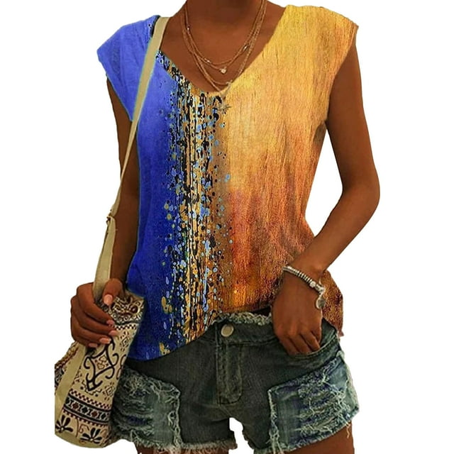 Mujeres camiseta de verano suelta casual multi color V cuello sin mangas gradiente superior para mujeres niñas