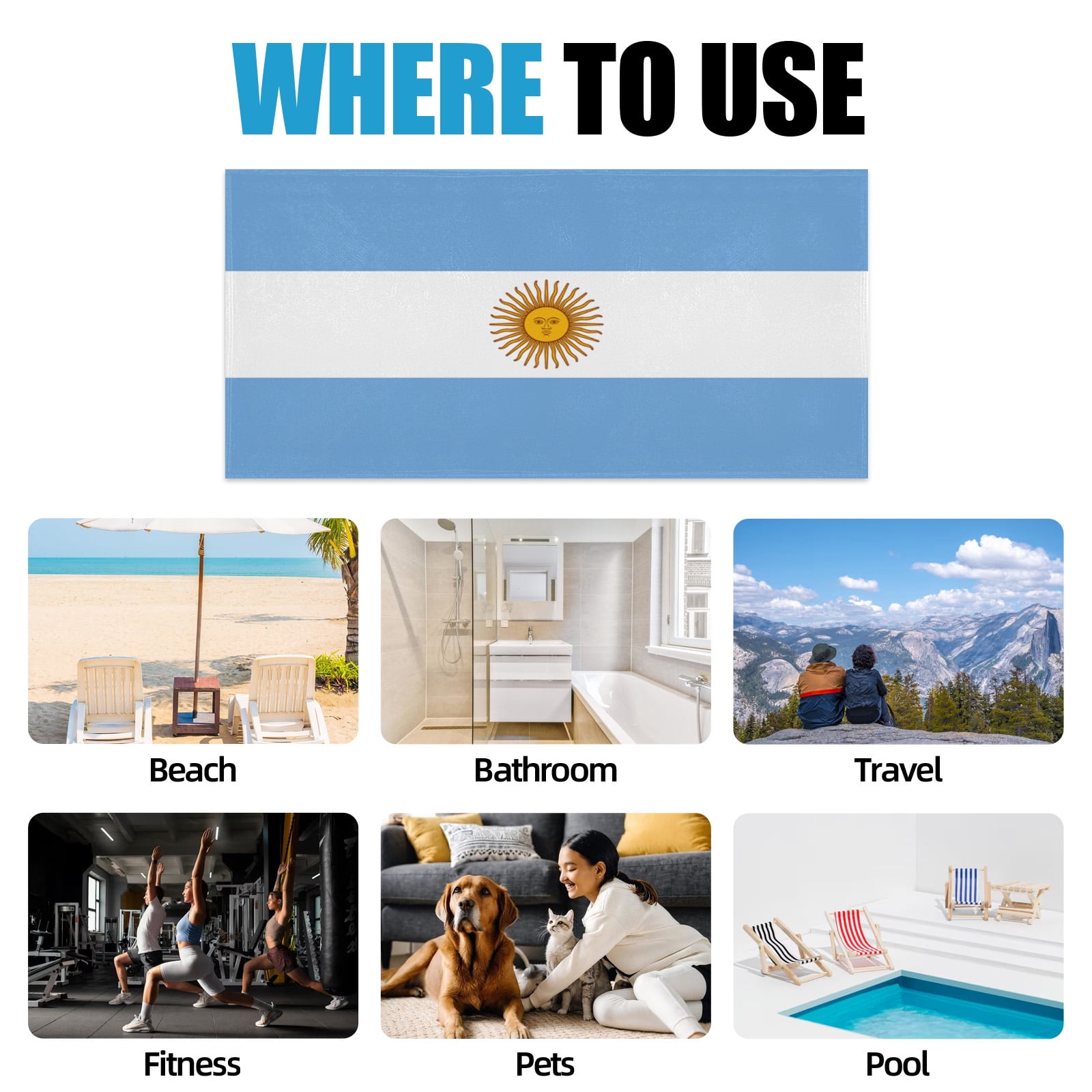 Livetty 2pcs Argentina Flag Beach Towels, Single-Sided Printed Argentine Towels for Beach, Bath, Pool 70.8x35.4in