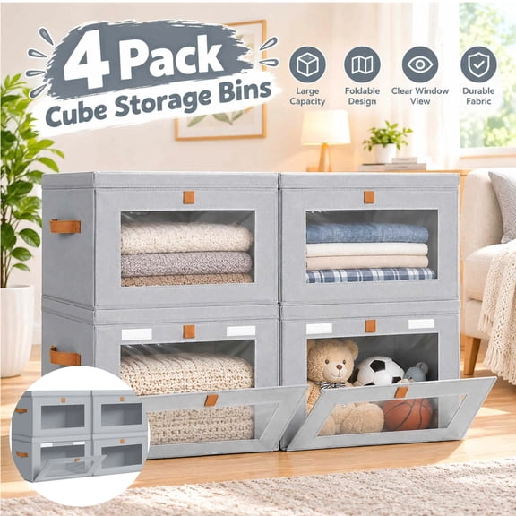 4 Pack Light Gray Closet Storage Bins Front Opening Storage Bin Collapsible Fabric Organizer with Clear Window Dual Handles Closet Clothes Blanket Book Storage Box for Home DIMJ