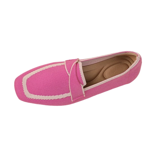 Xfvqtps Womens Knit Loafers Square Toe Flat Bottom Slip on Breathable Casual Shoes Multiple Colors Spring Wear Hot Pink