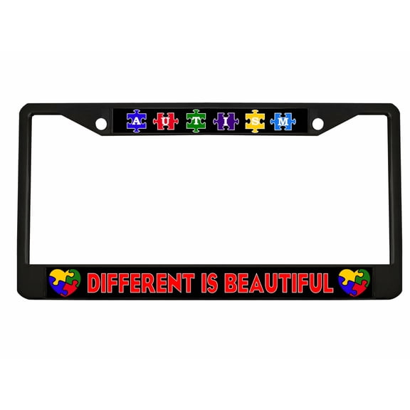 Different is Beautiful License Plate Frame Autism Awareness Personalized/Car Accessories Car Tag Holder Cover (Black/Black/Red)