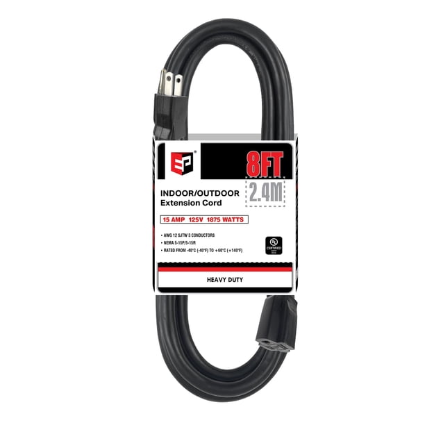 Cable de extensión para exteriores EP, 8 pies, 12/3, SJTW, resistente, negro