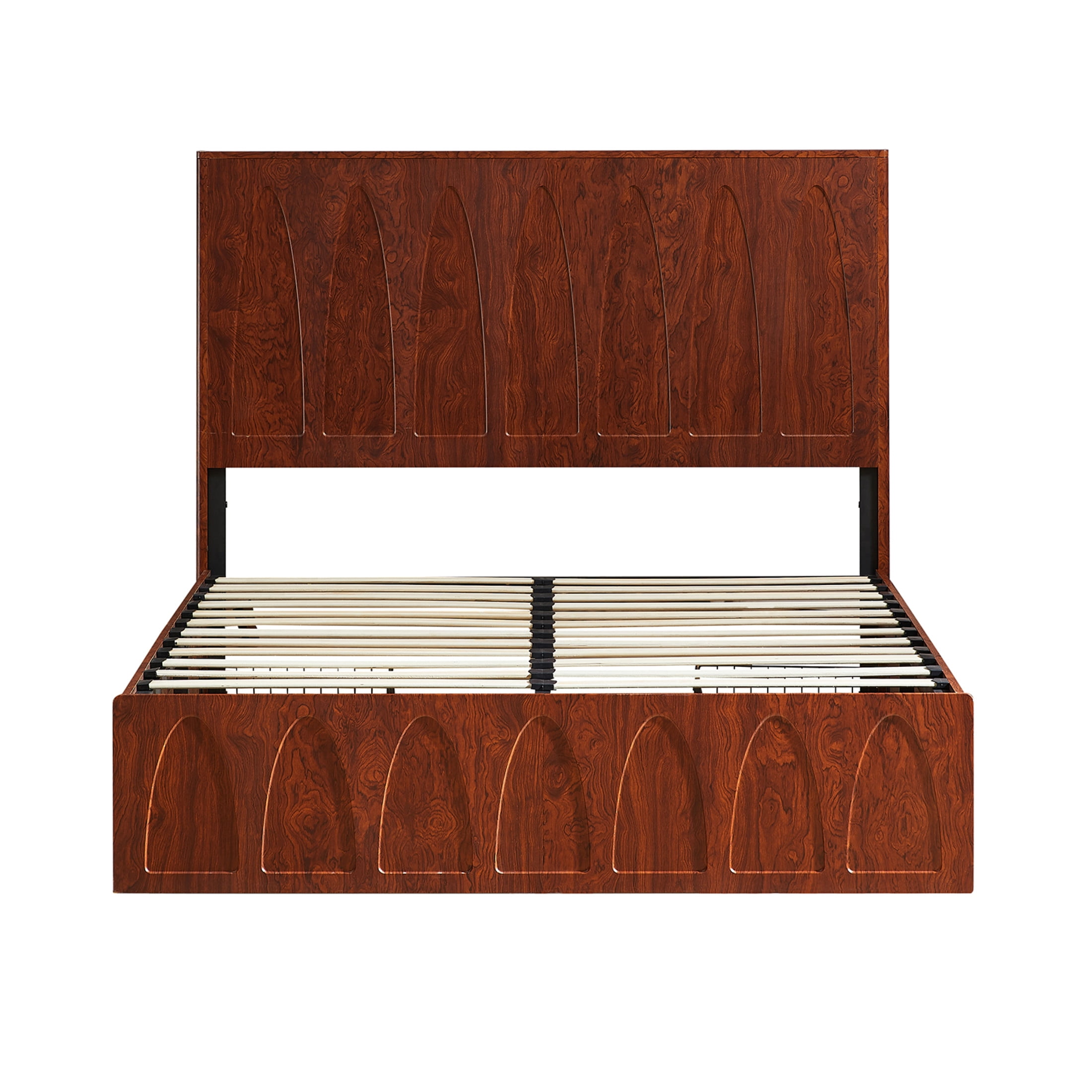 Noble House Queen Platform Bed Frame with Side Storage Drawers, Curved Wood Headboard, Natural Wood