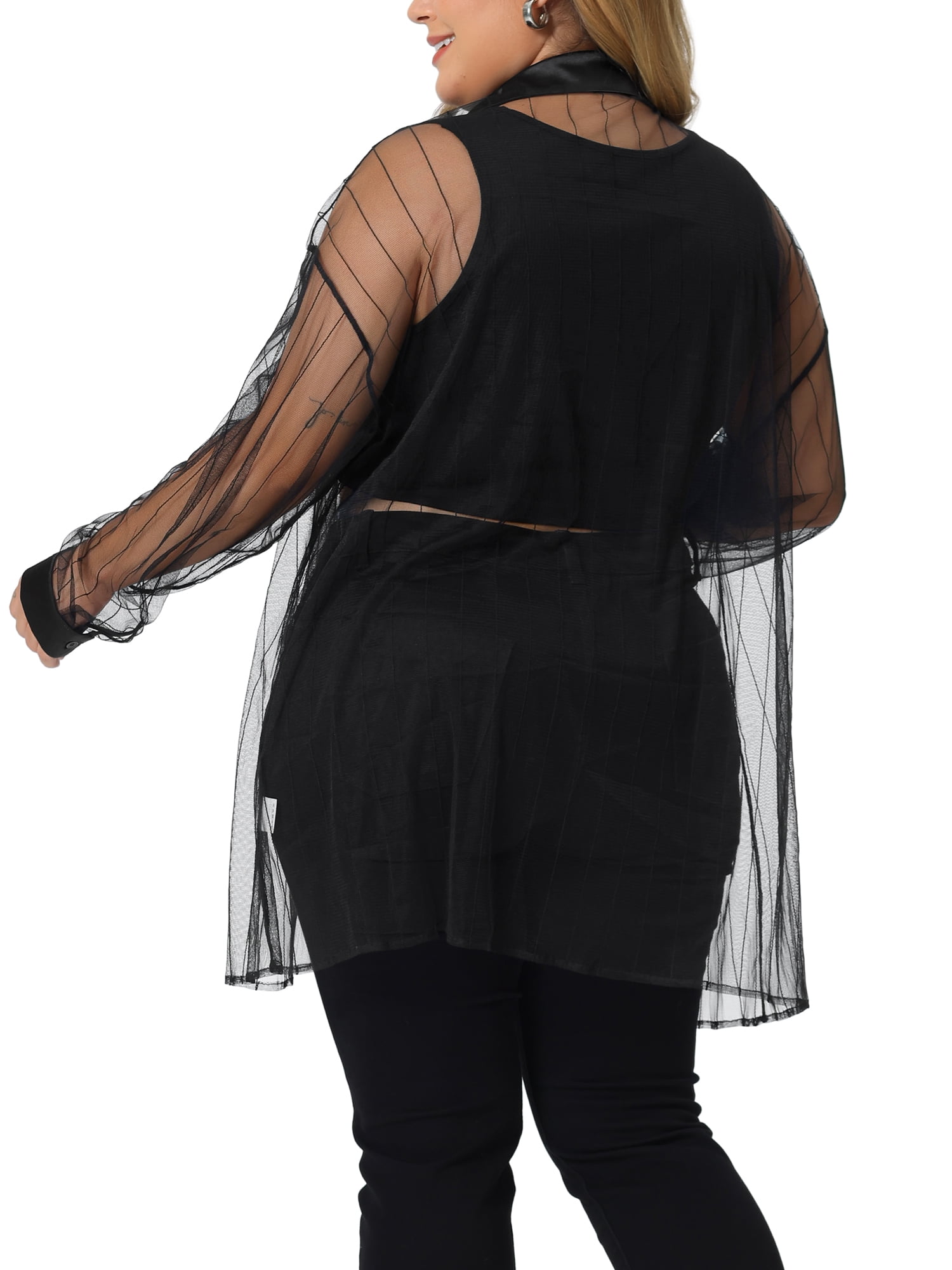 Unique Bargains Women's Plus Size Shirt Mesh Sheer Long Sleeve Blouses 2X Black