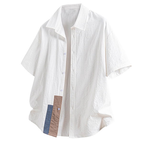 Blusa y camisa de manga corta con cuello vuelto para hombre, informal, de verano, de manga corta, de color liso, fina, con botones, de poliéster