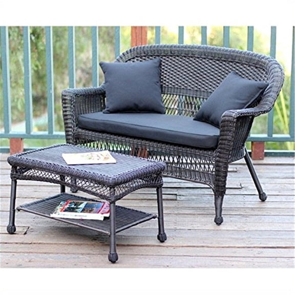 Jeco Wicker Patio Love Seat and Coffee Table Set with Black Cushion-Finish:Expresso