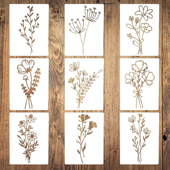Stencils for Painting on Wood, 9Pcs Flower Stencils for Painting, Reusable Stencils for Painting, Wildflowers Stencil, Drawing Stencil for Painting on Wood, Wall, Furniture