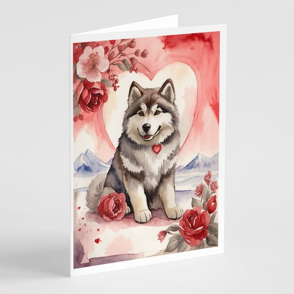 Alaskan Malamute Valentine Roses Greeting Cards Pack of 8 7 in x 5 in