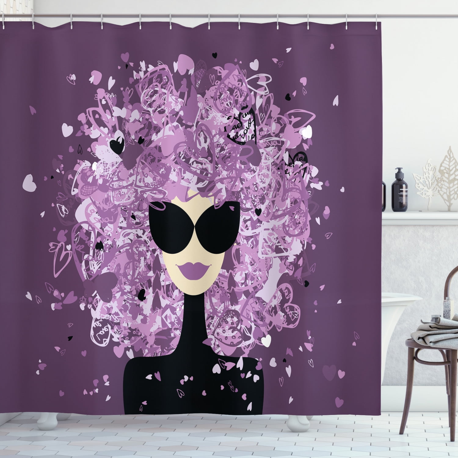 Girly Shower Curtain, Fashion Woman Portrait Artistic Messy Hair with