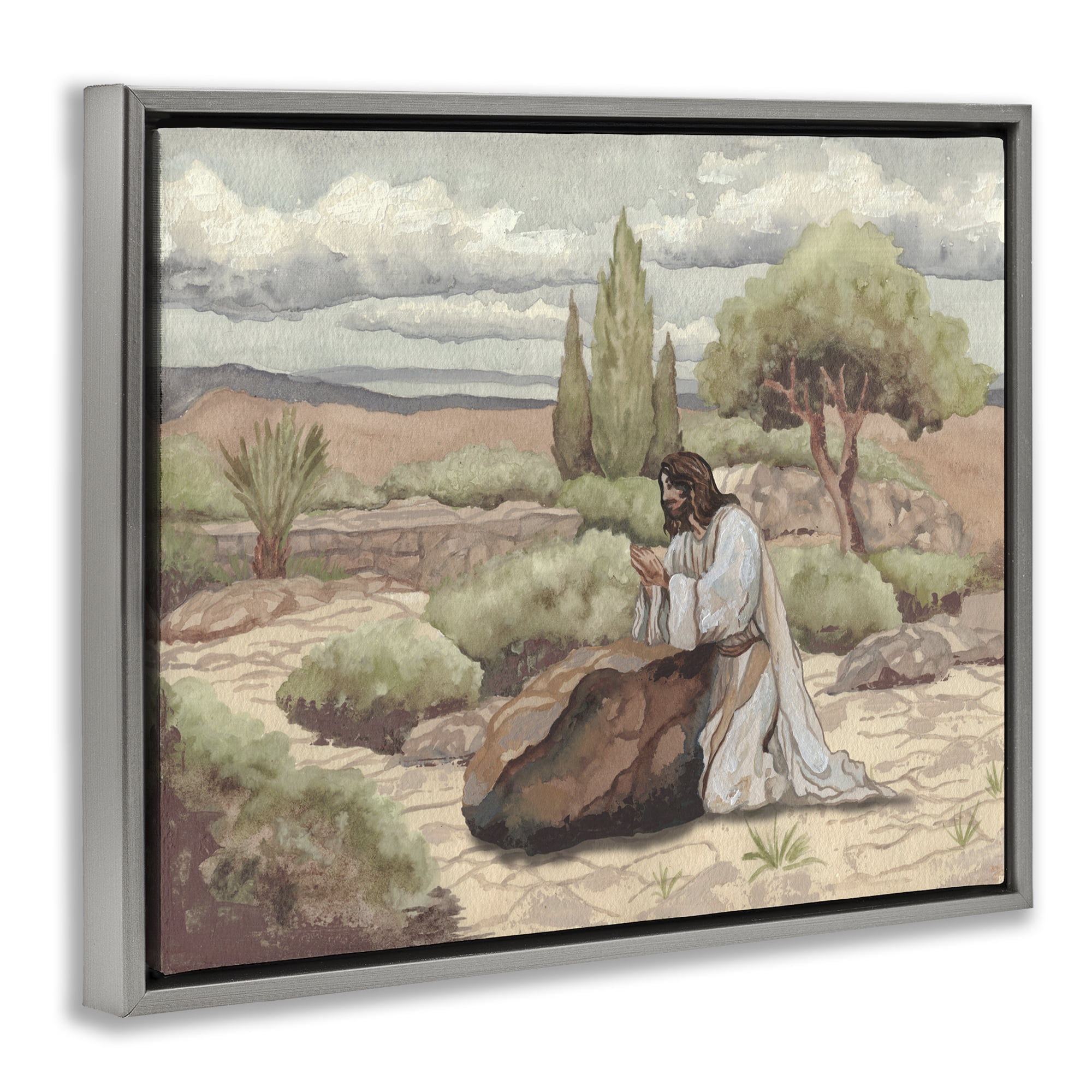 Stupell Industries Jesus Praying Countryside Gray Framed Floater Canvas Wall Art, design by Elizabeth Medley