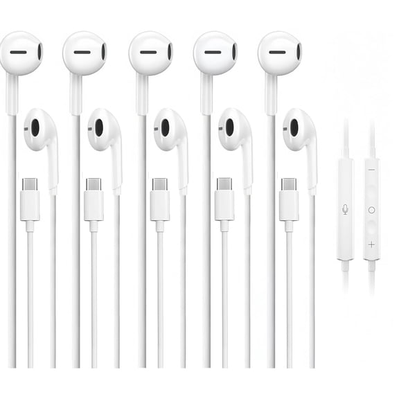5 Pack Upgraded USB C Headphones for iPhone 17/16/15 Pro Max iPad Plus TypeC Earphones with Microphone Volume Control USBC Wired Earbuds USB Type C Earphone for Samsung S26/S25(1.2M/4Ft)